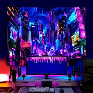 Cyberpunk City Neon Fluorescent UV Tapestry Future Inspiration Wall Art Decoration Bedroom Wall Hanging Party Decoration