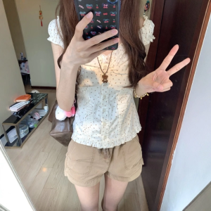 VKSOD | Korean Style V-neck Floral Short Shirt Womens Slim Fit Summer Outerwear Short Pants Two-piece Set Buttoning Sleeve Length