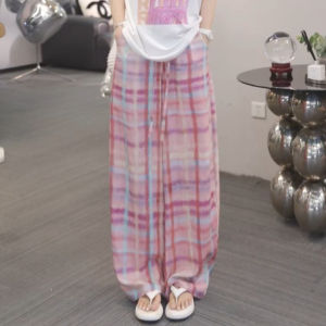 XIANGHOUMINCHU | Blue Check Linen Wide Leg Pants Drawstring Elasticated Waist