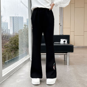 Girls High Waist Fleece Lined Embroidered Chenille Pants Autumn Winter New Style Medium to Large Childrens Traditional Style Casual Long Trousers