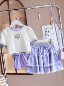 Girls Summer JK Outfit Short Sleeve Skirt Set Trendy Childrens Dopaamine Clothing Casual Two-Piece Set for Girls Ages 3-14