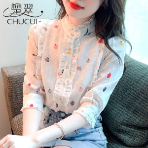 Fashionable Floral Print Womens Shirt Seven Sleeve Chiffon Top New Summer Style Stand Collar Button Detail Korean Version