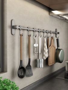 Kitchen Wall-Mounted Stainless Steel Hook Rack No-Drilling Utensil Holder Spoon Pan Storage Organizer Home Cooking Tools