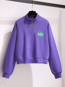 Purple Zip-Up Hoodie Womens Short Style Spring Autumn High Waist American Retro Top Korean Version Long Sleeve Loose Fit