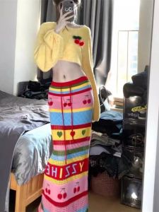 Womens Short Knitted Yellow Sweater And Long Skirt Two-Piece Set Autumn Fashion Pure Desire Style Medium Weight Long Sleeve