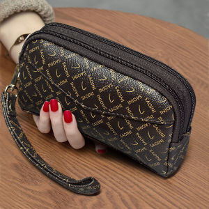 Fashionable Printed Handbag Womens Shoulder Bag Middle-Aged Mom Shopping Bag Double Zipper Wristlet Coin Purse Stylish PU Leather