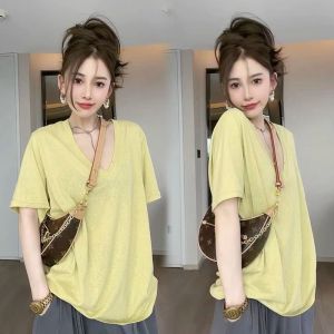 plus Size Womens T-Shirt V-Neck Short Sleeve Loose Casual Pure Color Summer Top Trendy Comfortable Lazy Style 300 Pounds