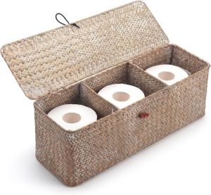 Whitewash Seagrass Tank Basket with Lid Woven Toilet Roll Storage Basket with Sections Rectangular for Organize Snack Toys