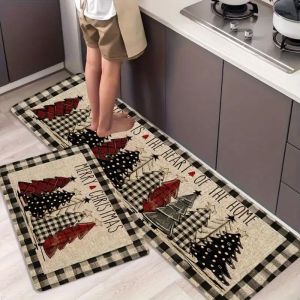 VIKAMA Farmhouse Christmas Kitchen Rug Set Plaid Tree Merry Christmas Anti Slip Floor Mat For Kitchen Area Xmas Home Decor