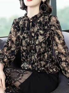Floral Print Chiffon Shirt Womens Long Sleeve Spring Autumn New Fashion Comfortable Base Layer Shirt Inner Wear Top
