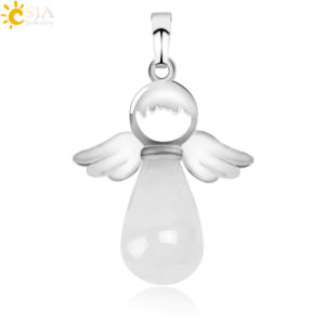 CSJA Natural Gem Stones Angels Pendant for Necklace Pink Quartz Aventurine Pendants Silver-color Water Drop Female Jewelry E949
