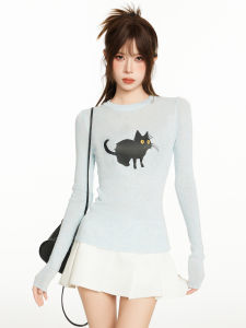 Blue Knitted Long Sleeve Short Womens T-shirt Slim Fit Early Autumn Base Layer Shirt Commute Style round Neck Regular Length