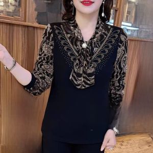 Autumn Winter Fleece Lined Long Sleeve Womens Lace Base Shirt Embroidered Flower Pattern Slimming Mommy Belly Cover up