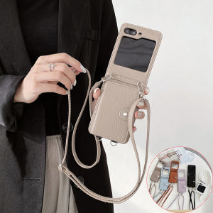 For Samsung Galaxy Z Flip6 Z Flip5 Z Flip4 Z Flip3 Case Credit Card Holder Crossbody Wallet Case Lychee Leather Crossbody Strap Lanyard Ribbon Case