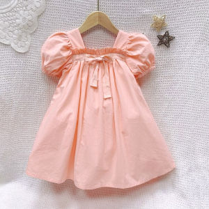 Summer New Style Short Sleeve Princess Dress for Girls Mid-Length Infant Toddler Square Collar Dress Childrens Clothing