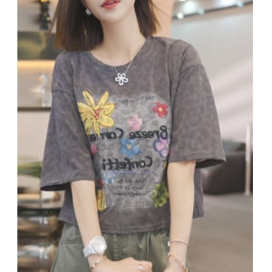 Shalldoer | Áo thun tay ngắn họa tiết hoa chữ cái thiết kế nhỏ thời trang mùa hè giảm tuổi tác đa năng áo thun nữ cổ tròn thường ngày