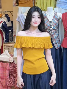 YUEZHONGWEI | French Style Shoulder Bared Yellow Knitted Short Sleeve T Shirt Women Summer Slim Fit Design Sensation Casual Top