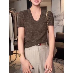 GEBOFU | U-neck Knit Top Women Short Sleeve