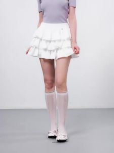 Matte Satin Color Contrast Waistband Half Skirt with Metal Logo