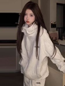 Trendy Sportswear Set for Women Loose Fit Casual Cotton Long Sleeve Hoodie And Pants Two Piece Set Student Style Spring Autumn Slimming