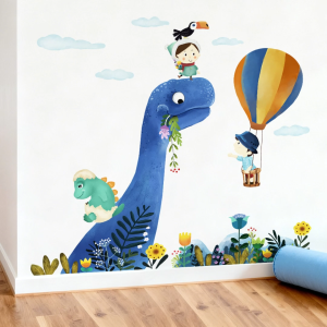 Decal giấy dán tường trẻ em Khủng long xanh và em bé khám phá thế giới Có keo sẵn- Trang trí khu vui chơi cho bé