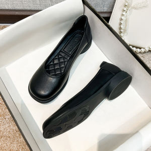 Comfortable Work Clothes Shoes with Superfine Fiber Interior for Young Women Low Heel and Coarse Heel Design Soft Sole Rubber Material