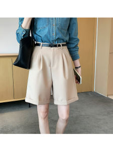 AMILUCK | High Waist Suit Short Pants Women Casual Cuffed Loose Leggings Slimming A-Line Five-Quarter Trendy Polyester Blend Shorts