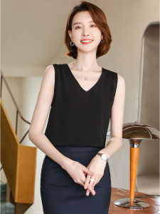 เสื้อกั๊กสายเดี่ยวคอวีสีดำสำหรับผู้หญิง ทรงหลวม แขนกุด คอกลม เสื้อชั้นในฤดูร้อน แฟชั่นใหม่ เสื้อเชิ้ตทรงเข้ารูป