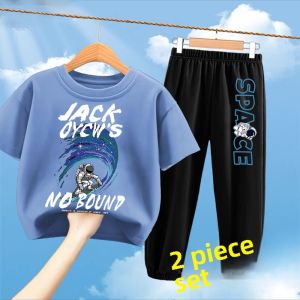 Boys Summer Outfit Set Pure Cotton Sportswear Short Sleeve Long Pants Childrens Clothing Casual Two-Piece Set for Big Kids