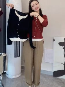 Fake Two-Piece Knitting Shirt Women Fall and Winter New Design Sense Drawstring Niche Style Small Shirt Loose Easiest for Match Plus Size Tops Women