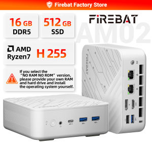 Firebat | FIREBAT AM02 AMD Ryzen7 H 255 Mini PC 16GB DDR5 RAM 512GB SSD WIFI6 BT5.2 4A1C Dual RJ45 3*4K Display Compact Gaming Computer