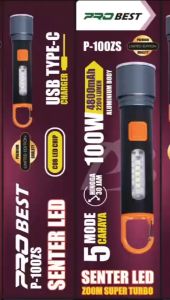 Klik-Beli Senter LED 100W P-100ZS Probest Zoom Super Turbo 5 Mode Cahaya 100 Watt Senter Multifungsi Cas Type C