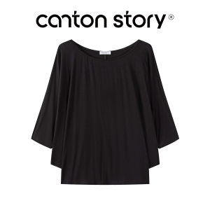 Cantonstory | Áo Thun Tay Ngắn Màu Đen Kiểu Dáng Thoáng Asymmetric
