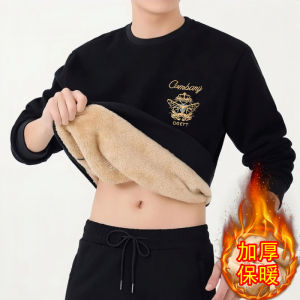 Autumn Winter New plus Size Fleece Lined Mens Sweatshirt Loose Trendy Outerwear Thickened Lamb Velvet Warm Base Shirt
