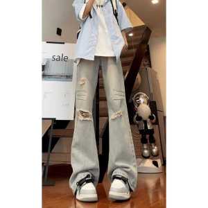 American Retro Hole Denim Jeans Mens Straight Tube Micro Flared Long Pants Spring Autumn Cool Design High Street Vibe Jeans