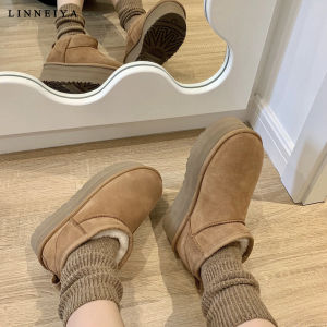 Warm Fleece Lined Snow Boots Womens Style Linenya Winter Cotton Shoes Waterproof Platform Rubber Sole round Toe Thickened Padded
