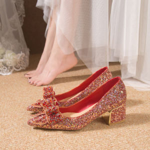 Red French Style Chunky Heel Wedding Shoes Womens Fashion Single Shoes Sharp Head Rubber Bottom Breathable Leather