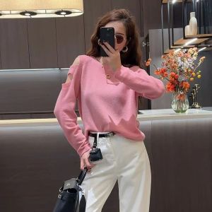 Áo Len Dệt Kim Cổ Tròn Hở Vai Ôm Vừa Vặn Cho Nữ Mùa Thu 2024 Áo Len Dệt Kim Dài Tay Thường Ngày Màu Trơn Phong Cách Thường Ngày