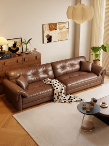 DONGMU | Retro Vintage Oil Wax Head Layer Leather Compact Linear Design Sofa