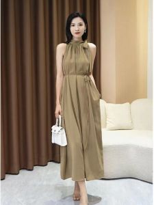 Summer 2026 Sleeveless Neckline Holiday Style Lazy Goddess Belted Long Dress Fashionable A-Line Skirt High Waist Polyester