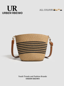 UR Womens Spring Summer Straw Woven Shoulder Bag Beach Vacation Crossbody Laffey Grass Basket Handbag Outdoor Leisure Bag