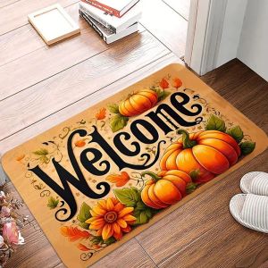 VIKAMA Fall Pumpkin Door Mat Autumn Leaves Print Non Slip Rug For Entryway Front Door Indoor Outdoor Thanksgiving Decor