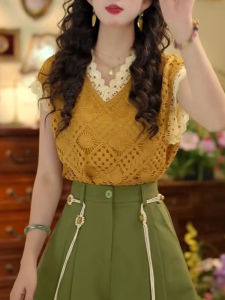 Shalldoer | Casual Loose Womens Short Sleeve V-neck Plaid Hollow Out Shirt Breathable Summer Top Vintage Hong Kong Style Floral Print