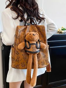 Ladies Large Capacity Bear Pattern Backpack Soft Leather Travel Bag Multi-layered Casual Style School Bag Suitable for Travel