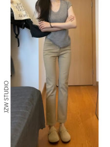 High Waist Slim Fit Straight Leg Denim Jeans Womens Autumn Khaki Color Small Size Smoking Pants Cotton Elastic Fabric
