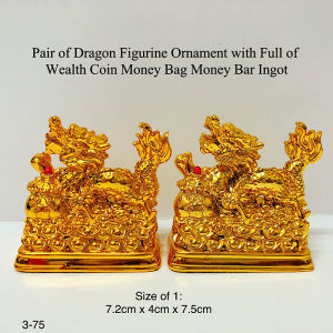 Pair of Dragon Figurine with Full of Wealth Coin Money Bag Money Bar Ingot For Wealth Fortune