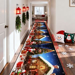 VIKAMA Santa Cabin Christmas Runner Rug Snowy Night Print Non Slip Washable Hallway Mat For Kitchen Bedroom Bedside Decor