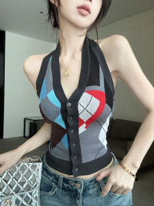 GUZILIAN | เสื้อกั๊กแขนกุดคอวีลายสก็อตสไตล์เกาหลี ทรงเข้ารูป กระดุมแถวเดียว แฟชั่นสำหรับสาวๆ ใส่ไปงานปาร์ตี้ในฤดูร้อน