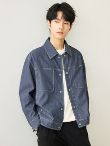 Mens Casual Style Jacket Coat with Stitching Line Denim Simulation Loose Fit Turn-down Collar Spring Autumn New Fashion Top