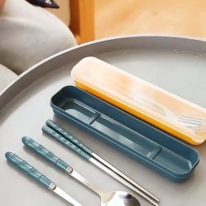 Spoon and Fork Set with Case Stainless Steel Gold Cutlery Set Portable Tableware 4in1 Set with Box